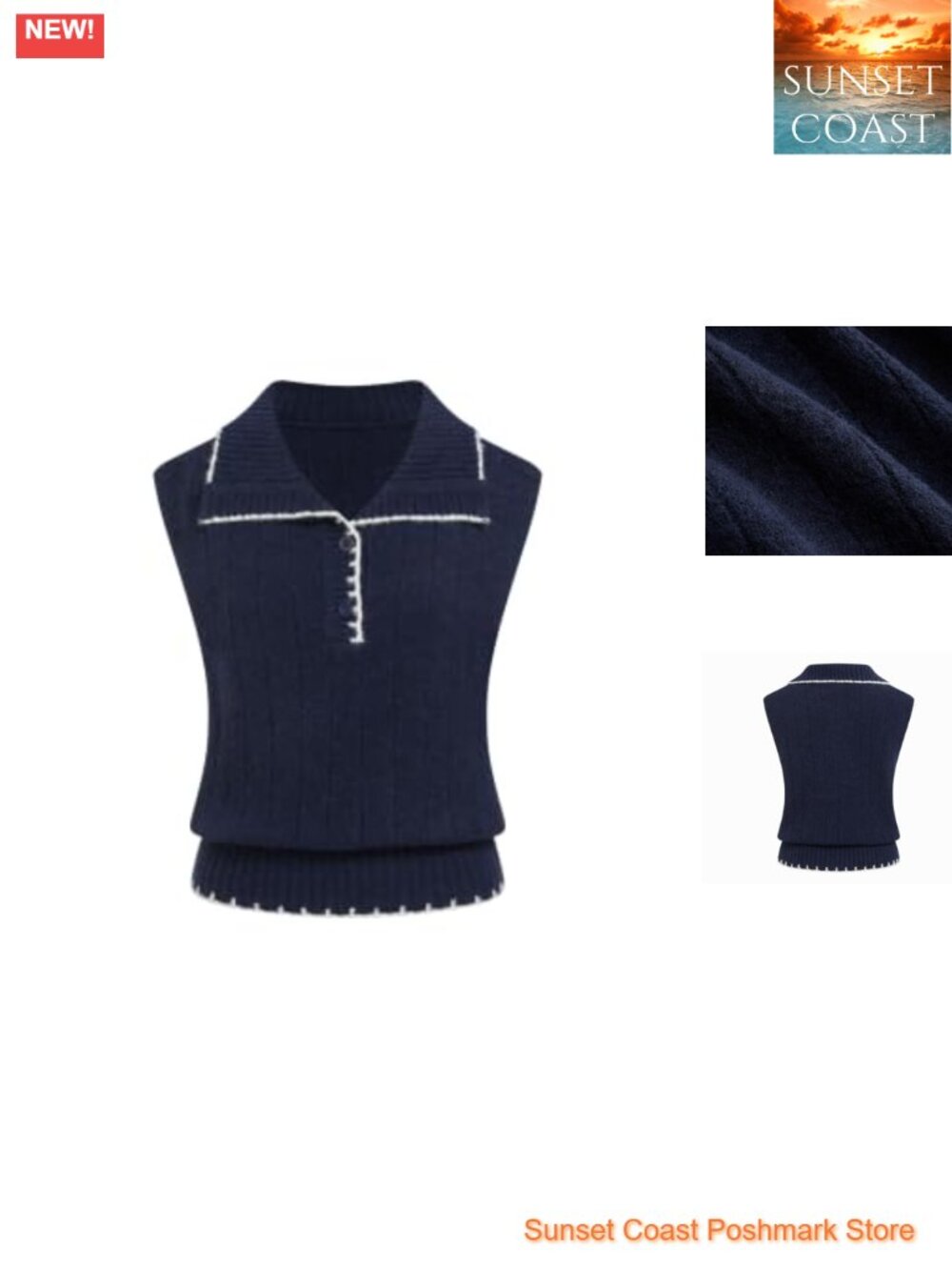 Sleeveless Ribbed Knit Polo Sweater Vest with Contrast Trim